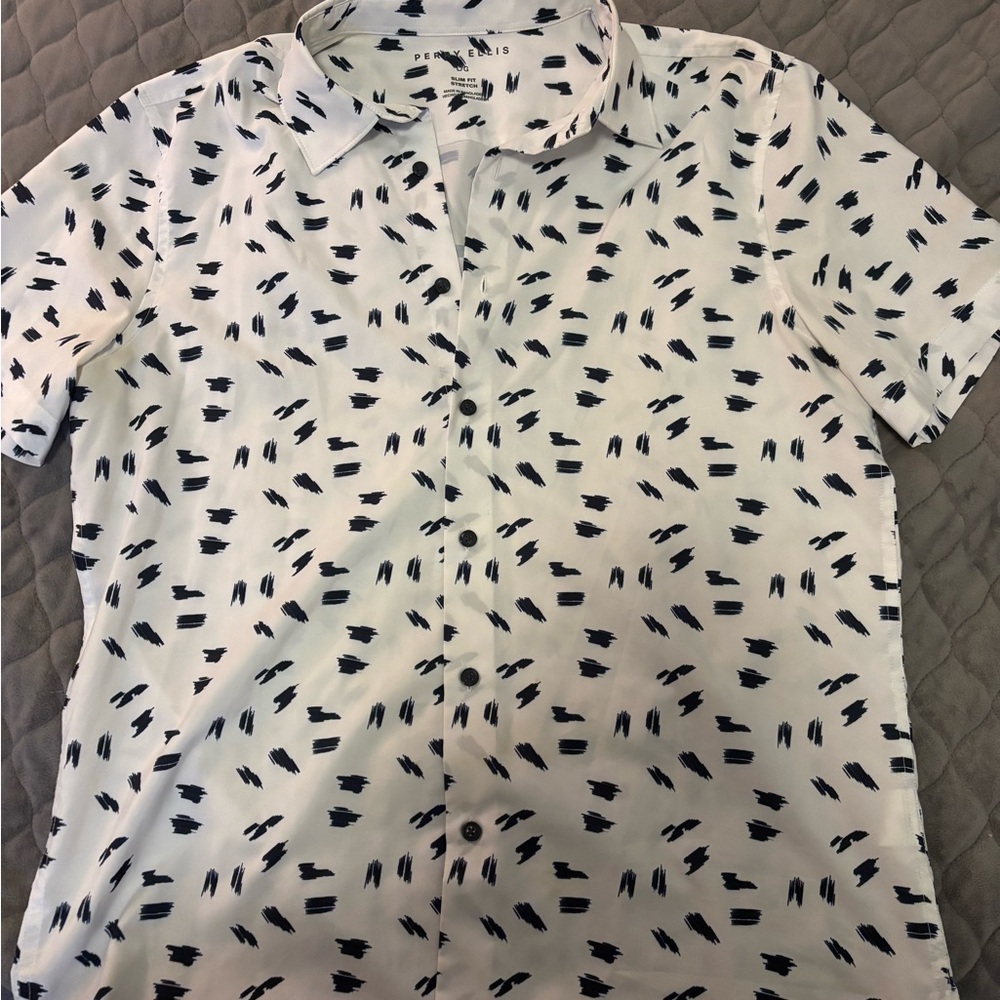 Perry Ellis White Shirt with Black Abstract Design
